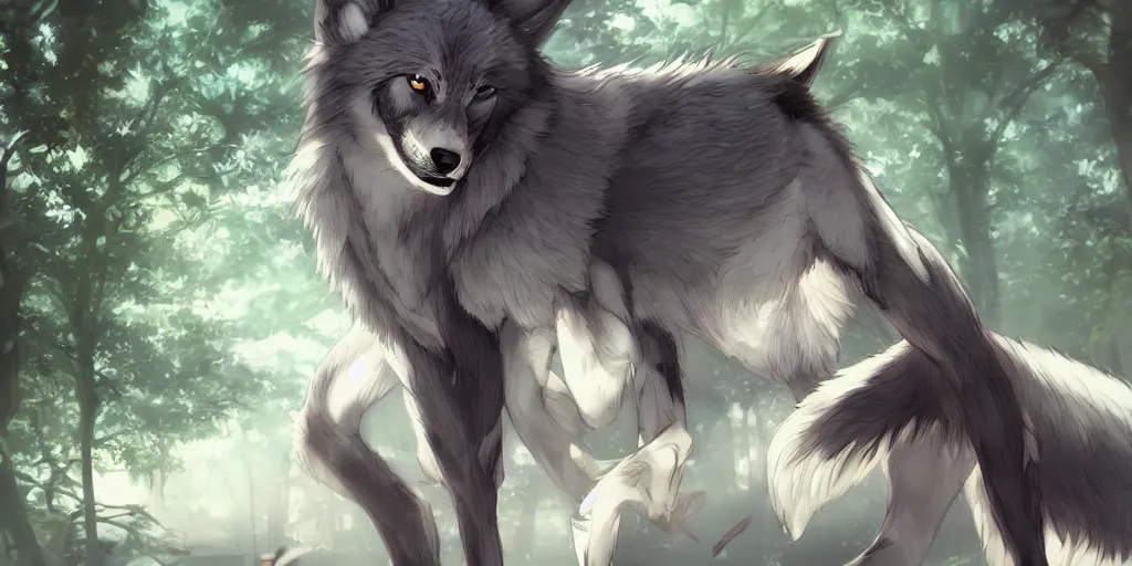 Image similar to anime! art, male anthro wolf furry!, walking at the park, award - winning digital art, cgsociety