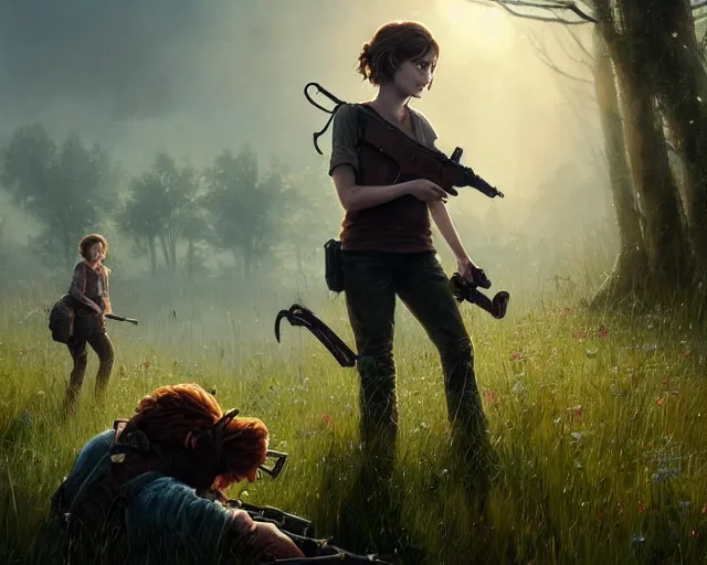 Image similar to highly detailed portrait of sophia lillis and jessie buckley, in the last of us, stephen bliss, unreal engine, fantasy art by greg rutkowski, loish, rhads, ferdinand knab, makoto shinkai and lois van baarle, ilya kuvshinov, rossdraws, tom bagshaw, global illumination, radiant light, detailed and intricate environment