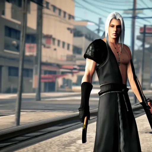 Image similar to Screenshot of Sephiroth in the game GTA V, highly detailed