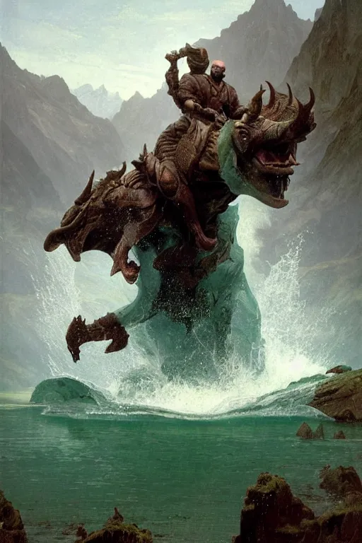 Prompt: martyn ford as huge horned armoured demon wearing cape and emerging from lake in canadian rockies, water splashing cascading, beautiful day, by albert bierstadt, ruan jia, lawrence alma tadema, zdzislaw beksinski, norman rockwell, jack kirby, tom lovell, greg staples