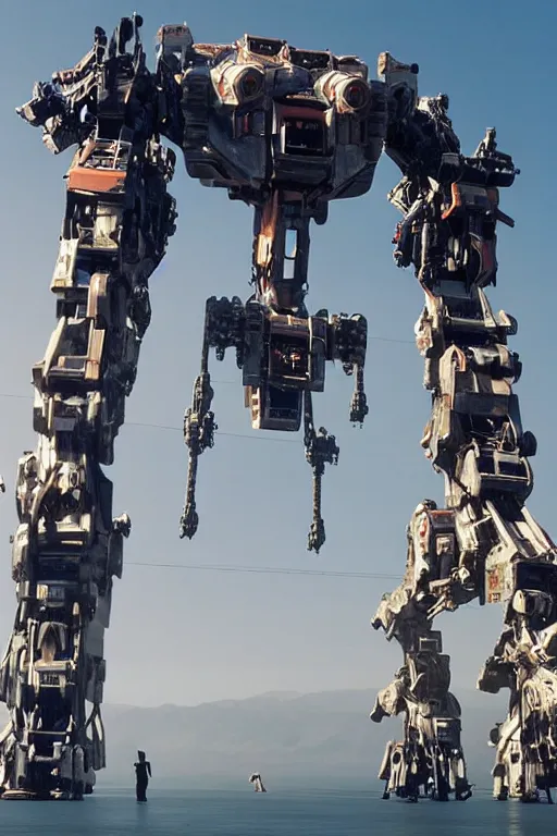 Image similar to cinematography of giant Mech on Santa Monica peer By Emmanuel Lubezki