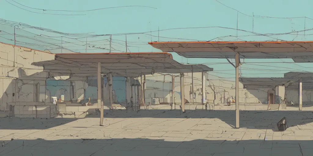 Prompt: an old and abadoned israeli bus station in the negev, without people, noon, sunlights, wide shot, digital art, ghibli style, vivid colors, flat colors, trending on artstation, high quality