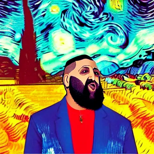 Image similar to ultra realistic portrait of dj khaled in a studio, ultra detailed, under blue, red and yellow cinematic lighting, by van gogh, cartoon, monument valley, escher