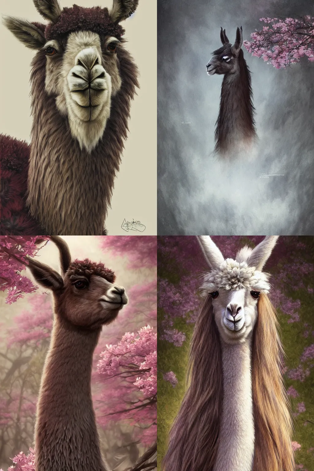 Prompt: Anthro Portrait of japanese llama, D&D, dark fantasy, anthro portrait, sakura blooming on background, intricate, elegant, llama portrait, highly detailed, digital painting, artstation, concept art, smooth, sharp focus, llama, illustration, art by artgerm and greg rutkowski and alphonse mucha, daily deviation, very very llama