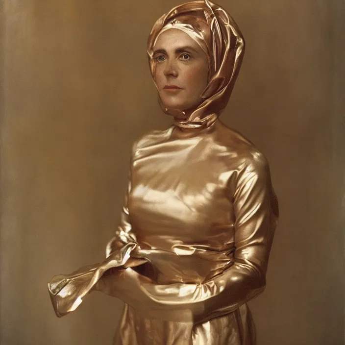 Image similar to closeup portrait of a woman wrapped in bronze cellophane, standing in an empty cafe, color photograph, by john singer sargent, canon eos c 3 0 0, ƒ 1. 8, 3 5 mm, 8 k, medium - format print