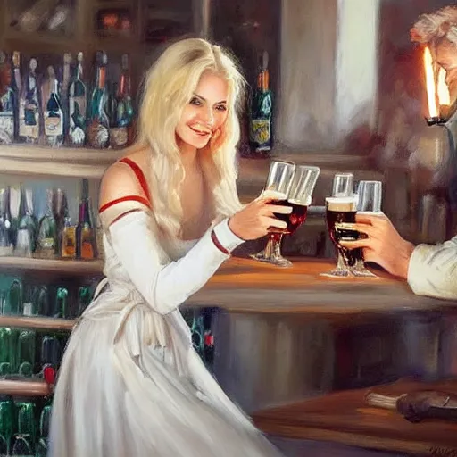 Image similar to (((Boba Fett))) and a beautiful young blonde drinking beer in a wine cellar, food, meat, schnapps, torches on the wall, romantic, inviting, cozy, painting by Vladimir Volegov