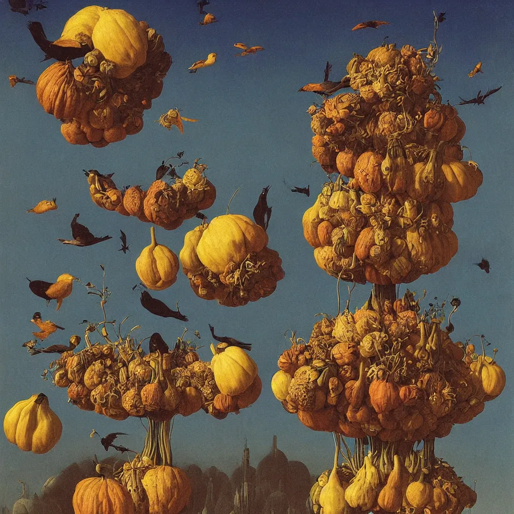 Prompt: a single! colorful! ( black ) gourd fungus bird tower clear empty sky, a high contrast!! ultradetailed photorealistic painting by jan van eyck, audubon, rene magritte, agnes pelton, max ernst, walton ford, andreas achenbach, ernst haeckel, hard lighting, masterpiece