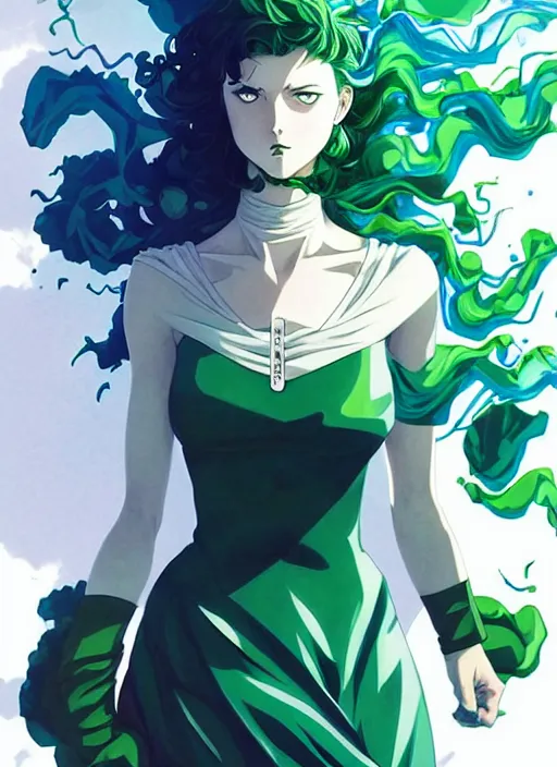 Image similar to style artgerm, joshua middleton, tatsumaki one punch man with green dress, very long blue hair, swirling water swirling, symmetrical face, symmetrical eyes, steampunk cyberpunk,, cinematic lighting