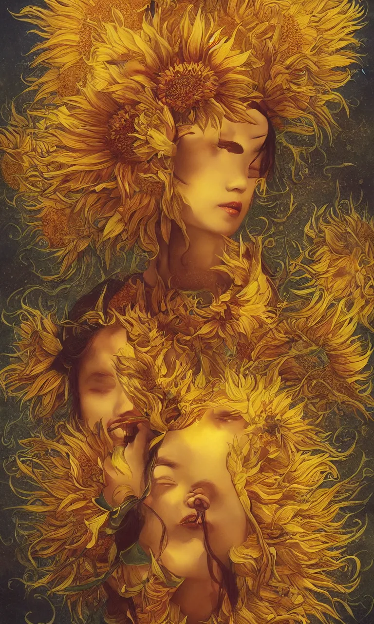 Prompt: The Chinese goddess of sunflowers, who has a third-eye and an helianthus-shaped golden crown, and presides over the rays of the sun with her sacred vision, by Anato Finnstark, Tom Bagshaw, Brom
