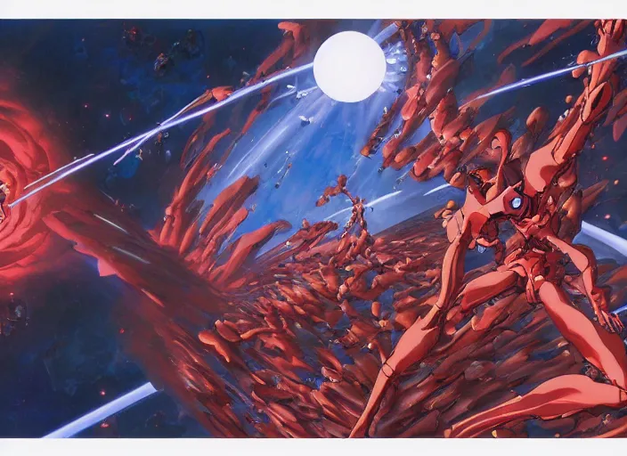 Image similar to third impact evangelion painting by james jean and katsuhiro otomo and erik jones, inspired by akira anime, smooth texture, intricate oil painting, high detail illustration, sharp high detail, long exposure