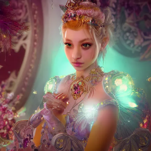 Image similar to portrait of fairy princess, glowing, ornate and intricate jewelry, jaw dropping beauty, glowing background lighting, white accent lighting, hyper detailed, fairy tale, 4 k octane render