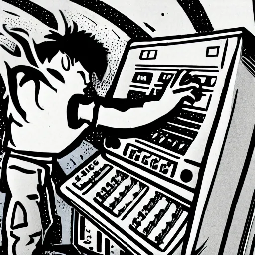 Image similar to 90s retro illustration of a ninja smashing up a mixing console in a studio