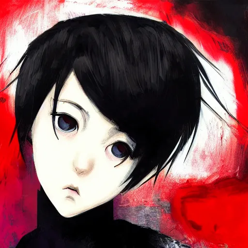 Image similar to Renaissance oil portrait of a manga girl with short white hair and black eyes in the style of Yoshitaka Amano, abstract black and white background, noisy picture, expressive brush strokes, old anime colour palette