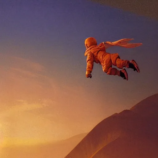 Prompt: atmospheric painting of a boy flying in the sky by moebius and john harris, atmospheric, concept art, saturation 2