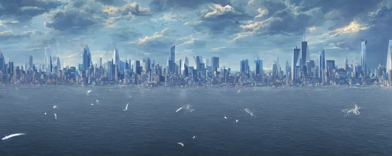 Prompt: huge blue whales sailing over the skyline over new york city, 8 k uhd, unreal engine, octane render in the artstyle of finnian macmanus, john park and greg rutkowski