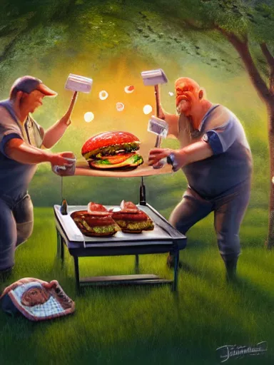 Prompt: a happy middle aged man fliping burgers in the grill on the lawn. intricate, elegant, highly detailed, digital painting, artstation, concept art, sharp focus, illustration, by justin gerard and artgerm, 8 k