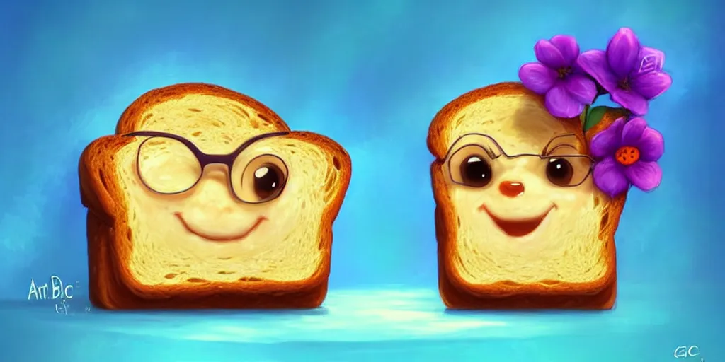 Image similar to epic professional digital art of a cute bread toast smiling wearing 👓!!!! and a blue flower!!!!, best on artstation, cgsociety, much detail, much wow, masterpiece