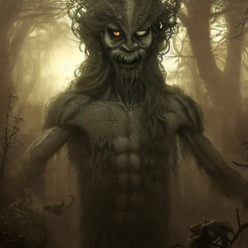 Image similar to anthropomorphic human satyr monster in a dark moonlit forest, horror, dark vibes, digital art, highly detailed, humanoid, by Greg Rutkowski and Schen Teng, trending on artstation, 4k