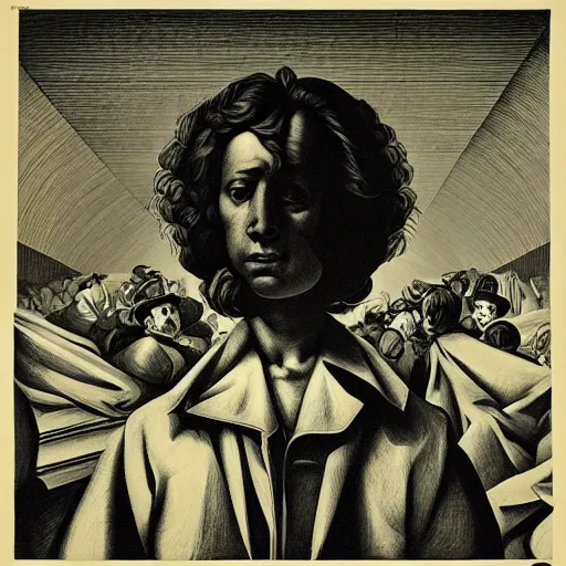 Image similar to lithography on paper conceptual figurative post - morden monumental portrait by goya and escher and hogarth, illusion surreal art, highly conceptual figurative art, intricate detailed illustration, controversial poster art, polish poster art, geometrical drawings, no blur