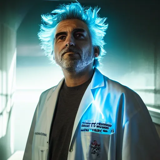 Image similar to portrait of rick sanchez, lab coat and tee shirt, lens flare, atmosphere, glow, detailed, intricate, full of colour, cinematic lighting, 4 k, hyperrealistic, focused, extreme details, cinematic, masterpiece