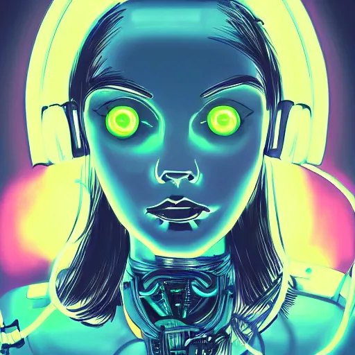 Image similar to realistic fantasy portrait of sad robo girl in neon light cyberpunk