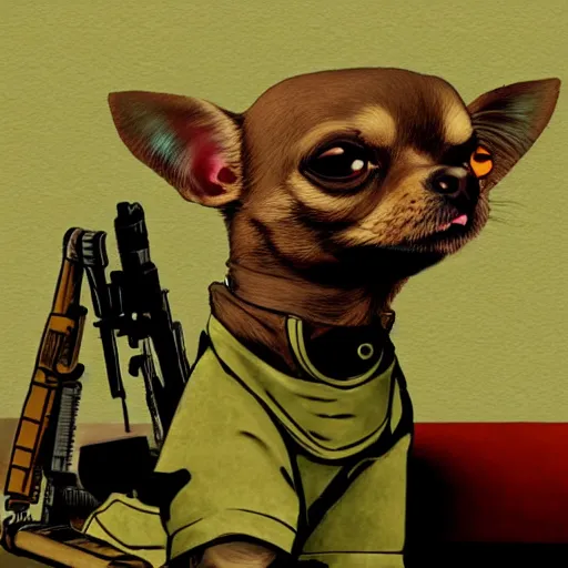 Image similar to chihuahua holding a sniper, cartoon