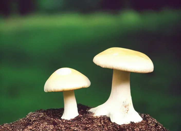 Image similar to a cute creature sitting next to a mushroom, cinestill 8 0 0 t 3 5 mm, high quality, heavy grain, high detail, panoramic, ultra wide lens, cinematic light, dramatic light, anamorphic