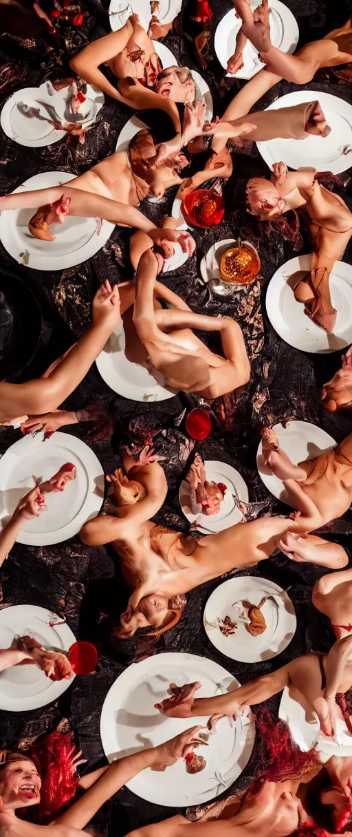 Image similar to an 8 k uhd digital photo of a group of witches dancing and laughing around plates of skin and muscle and blood