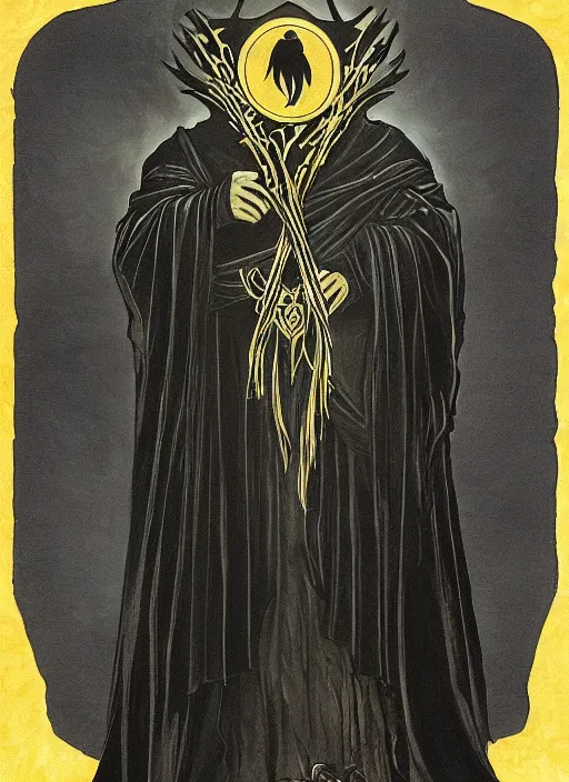 Image similar to portrait centered on a raven in a vantablack cloak and holding a symbolic weapon. art in the style of symbolism art style. portrait hung up in a windows 9 8 castle. r / oldschoolfantasy