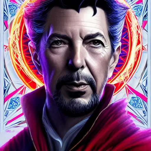 Prompt: glorious full head portrait of Leonard Cohen as Dr Strange, fantasy, intricate, elegant, digital painting, trending on artstation, concept art, sharp focus, illustration by Gaston Bussiere and artgerm, 4k.