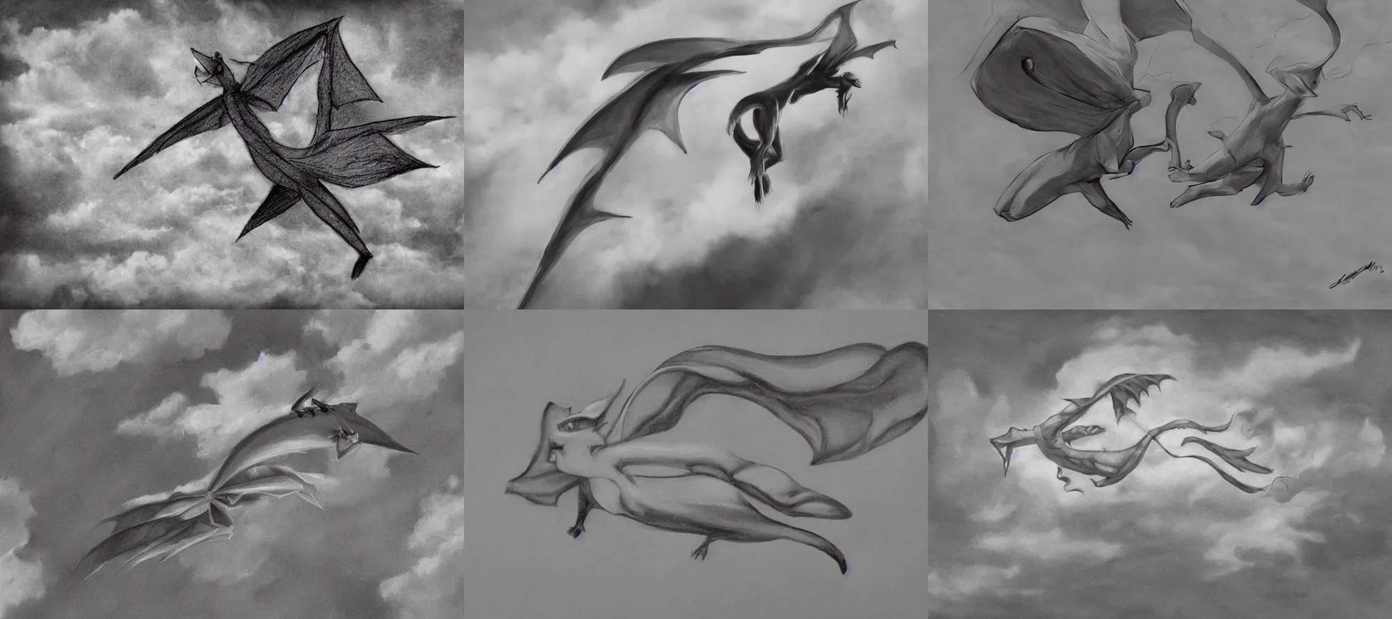 Prompt: grayscale of realistic anthropomorphic flygon woman flying among clouds in sky, charcoal