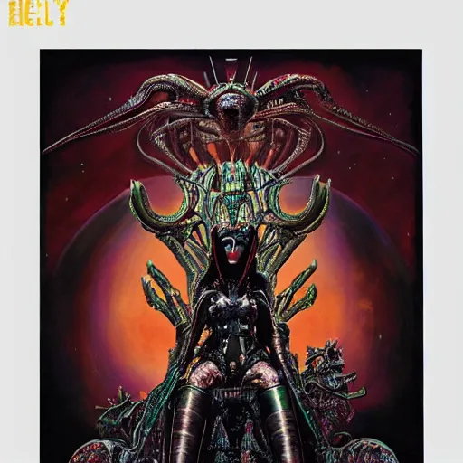 Prompt: Alien Queen sits on the throne, very colourful, highly detailed, black horror, H.R. Giger, artstation, intricate, smooth, sharp focus, bright, happy, illustration, art by Artgerm and Greg Rutkowski and Alphonse Mucha and Yuumei, good clear quality, lighting, biology, symmetrical artwork, perfect face, 135 mm, cinematic, hyper realism, glittering ice, dark, moonlight, high detail, octane render, 8k, crimson highlights