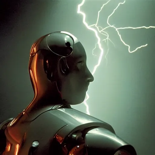 Image similar to movie scene of a man with a robot head, movie still, cinematic composition, cinematic lightning, Movie by David Lynch and Andrzej Żuławski