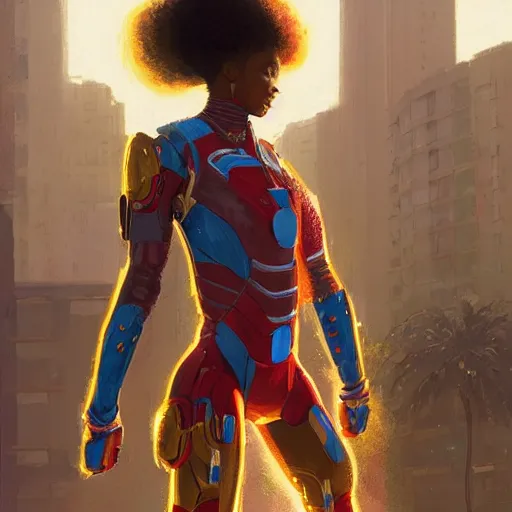 Image similar to highly detailed an african american woman in with the ironman suit from the future gta v, stephen bliss, unreal engine, fantasy art by greg rutkowski, loish, rhads, ferdinand knab, makoto shinkai and lois van baarle, ilya kuvshinov, rossdraws, tom bagshaw, global illumination, radiant light, detailed and intricate environment