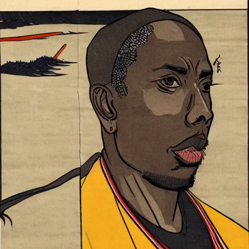 Image similar to Inspectah Deck rapping, portrait, style of ancient text, hokusai