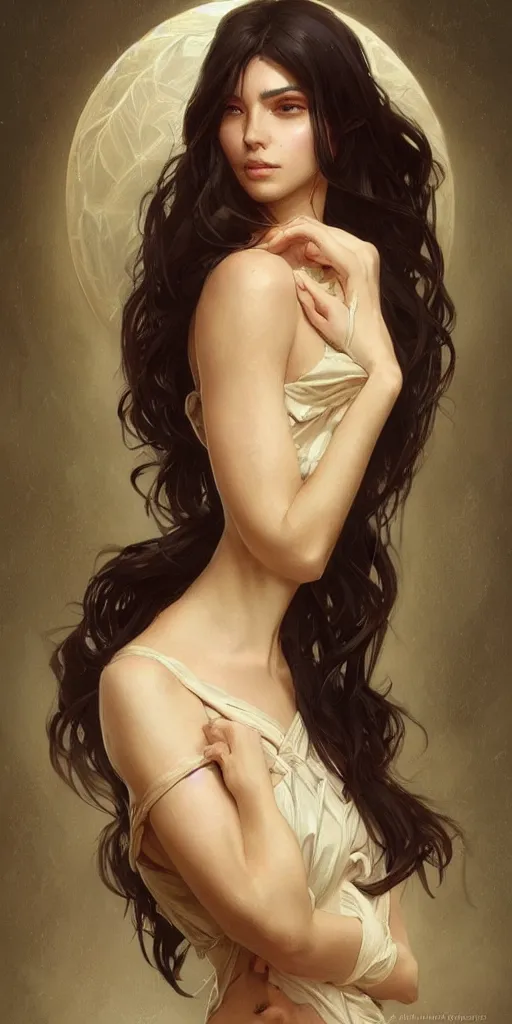 Prompt: an attractive young female, olive skin, long dark hair, beautiful bone structure, intricate, elegant, highly detailed, digital painting, artstation, concept art, smooth, sharp focus, illustration, art by artgerm and greg rutkowski and alphonse mucha