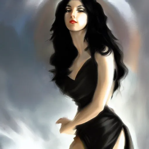 Image similar to Greek goddess posing for painter, sun light, trending on artstation, black hair, white coat