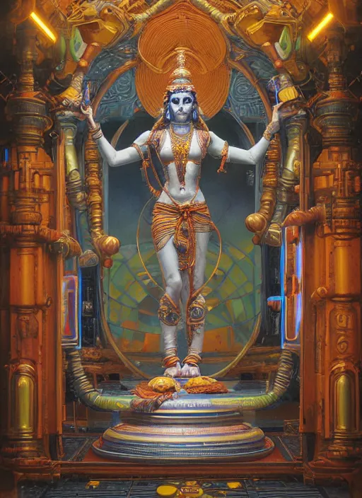 Image similar to cybertronic shiva statue in a hindu temple, futuristic, neal ashermiles johnston kuroda realism ozabu john william godward, painterly, yoshitak, sci - fi, cyberpunk, artstation, conceptual, hyperdetailed, donato giancola, james gurney, neon lights, mood lighting, rust