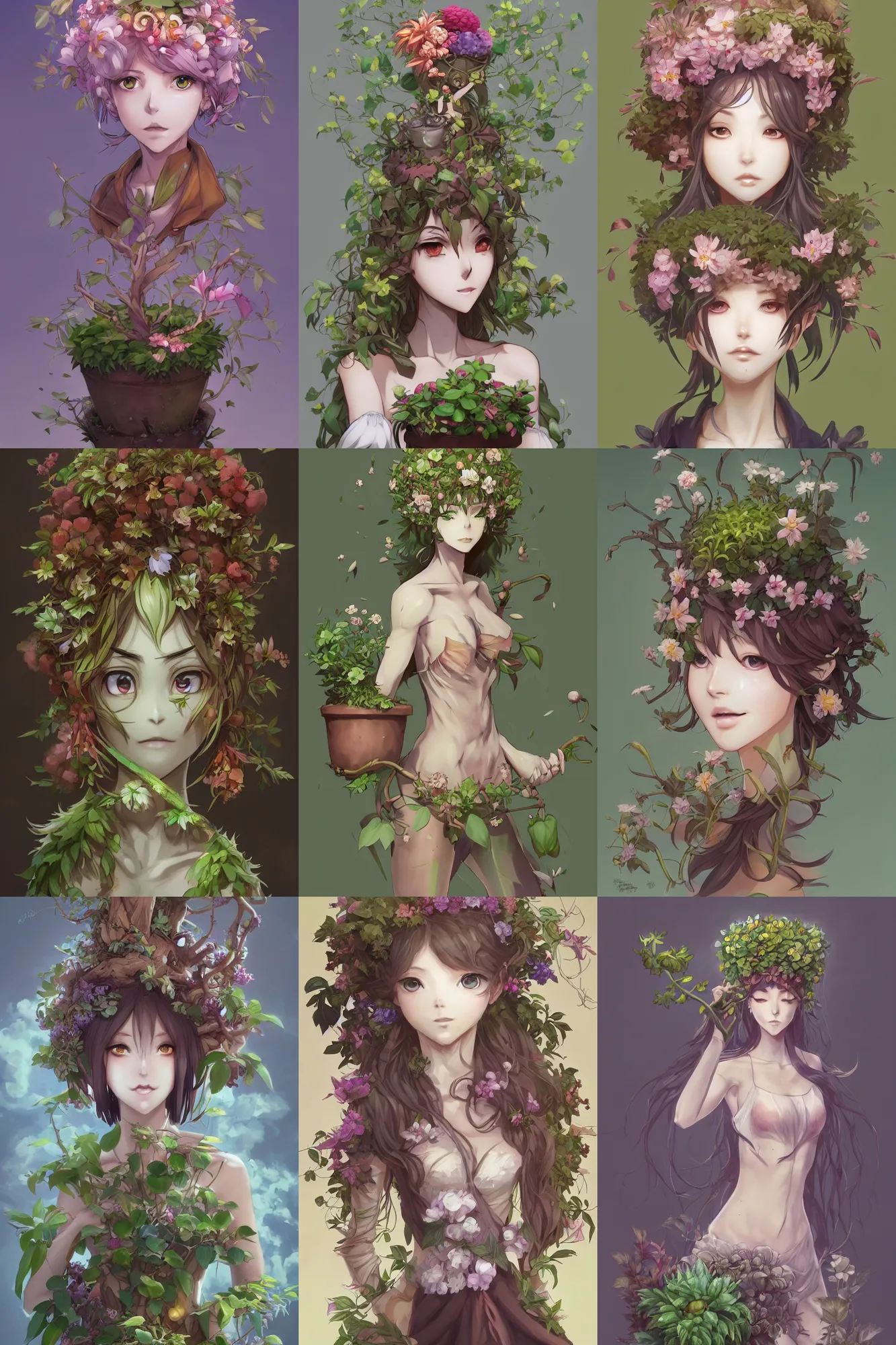 Prompt: character concept art of an anime dryad, plant person, pretty face, flower pot balanced on head by hyeyoung kim, stanley artgerm lau, wlop, rossdraws, james jean, andrei riabovitchev, marc simonetti, and sakimichan, tranding on artstation
