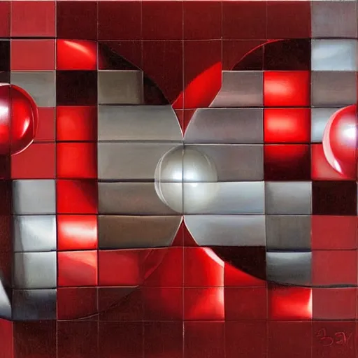 Prompt: chrome spheres on a red cube by pieter jansz saenredam