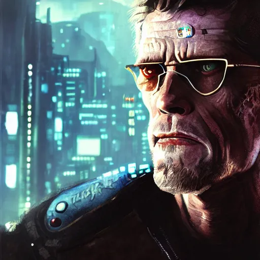 Image similar to closeup portrait of william dafoe, cyberpunk, shaggy ex military guy, city background, dramatic light, gorgeous view, depth, high detail, digital art, painted by greg rutkowski and seb mckinnon, neuromancer, trending on artstation