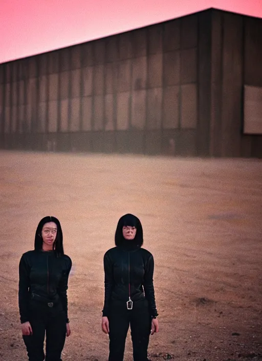 Image similar to cinestill 5 0 d photographic portrait of two loving female androids wearing rugged black techwear on a desolate plain with a red sky, extreme closeup, lizard on ground, cyberpunk style, in front of a brutalist dark metal facility, dust storm, 3 5 mm, 8 k, f / 3 2, high resolution, ultra realistic faces