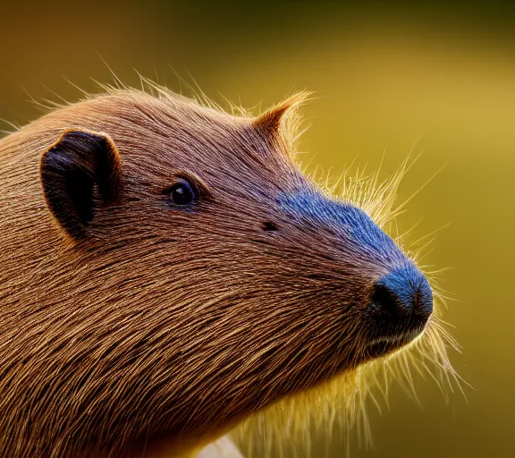 Image similar to a portrait of capybara with a mushroom cap growing on its head by luis royo. intricate. lifelike. soft light. sony a 7 r iv 5 5 mm. cinematic post - processing