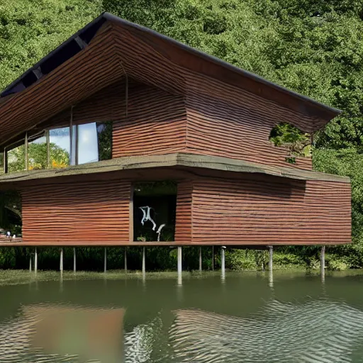 Image similar to a house made of a long hair. The house is made of 3 mammalian abdomens. The fur house sits in a lake on the edge of a forest. A family is living inside the fur house and it is furnished with contemporary furniture and art. ultra wide shot, Coronarender, 8k, photorealistic