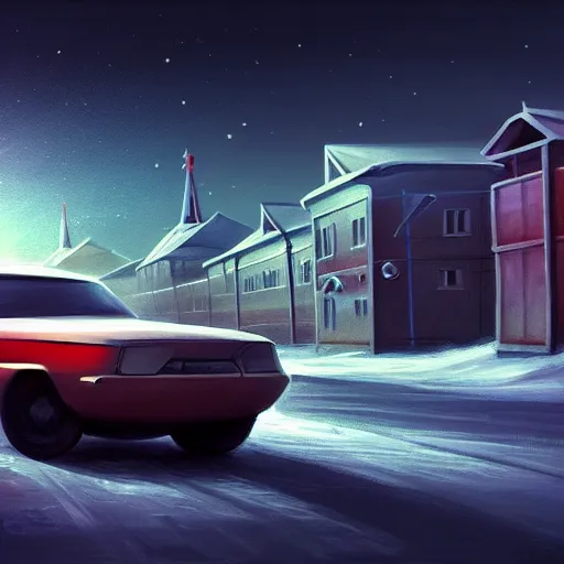 Image similar to A photo of car of a form horse, street on the space orbit, soviet Norilsk, very very beautiful, by Evgeny Zubvkov, elegant, highly detailed, digital painting, artstation, concept art, smooth, sharp focus, illustration