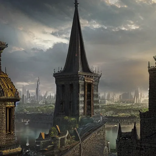 Image similar to an ultra detailed matte painting of the one impossibly tall ominous black spire in the palace district on an island in a river elevated high above the city fortress tower, fantasy capital city, ultrawide lense, aerial photography, volumetric lighting, exquisite detail, octane render, 8 k postprocessing, art by artgerm and greg rutkowski and alphonse mucha