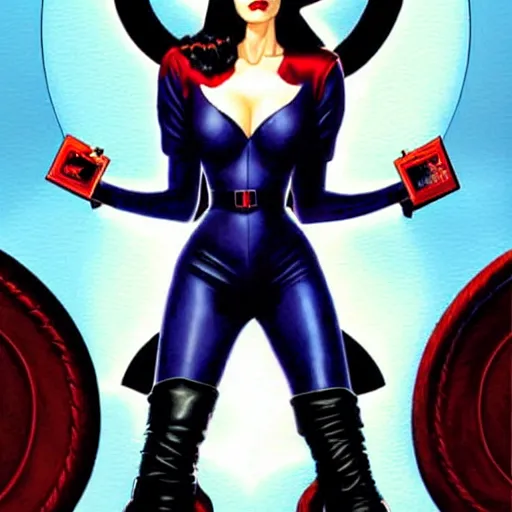 Prompt: Joe Jusko comic art, wide shot, stunning elegant female Eva Green, Indigo Magician, beautiful evil sneer, symmetrical face, symmetrical eyes, leather clothing and boots, long straight red hair, full body, Indigo occult pattern