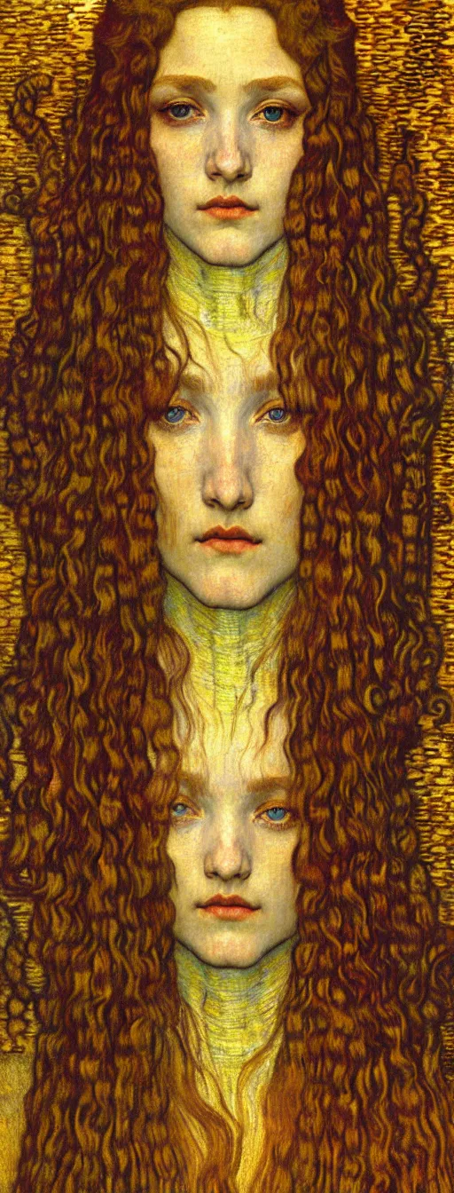 Image similar to detailed realistic beautiful young medieval queen face portrait by jean delville, gustav klimt and vincent van gogh, art nouveau, symbolist, visionary, gothic, pre - raphaelite, muted earthy colors, desaturated