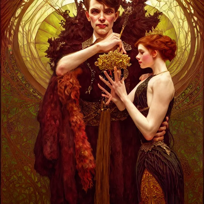 Image similar to the king’s ventriloquist, dramatic lighting, fantasy, intricate, elegant, highly detailed, lifelike, photorealistic, digital painting, artstation, illustration, concept art, smooth, sharp focus, art by John Collier and Albert Aublet and Krenz Cushart and Artem Demura and Alphonse Mucha