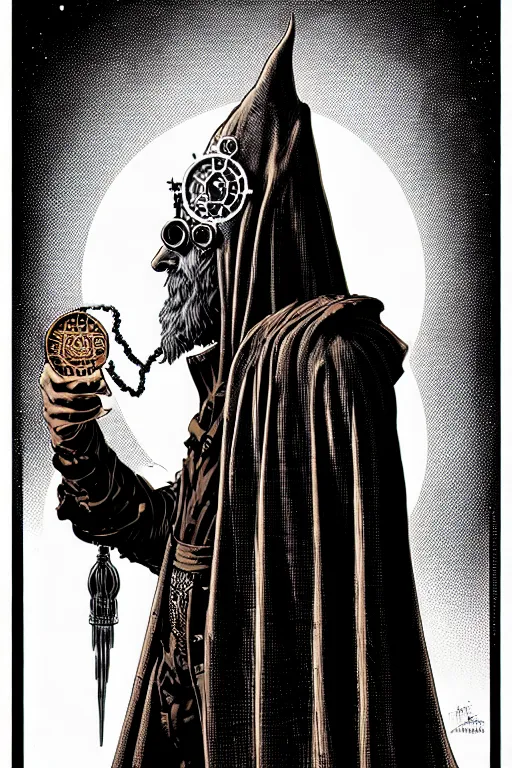 Prompt: side view of a cloaked ancient alchemist steampunk wizard casting a spell, high details, lineart, by vincent di fate and joe fenton,, inking, screen print, masterpiece, trending on artstation, sharp, high contrast, hyper - detailed, hd, 4 k, 8 k